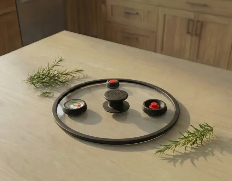 Éléments du couvercle Vitalid avec thermostat, illustrant l’évolution des outils dans l’histoire de la cuisson basse température