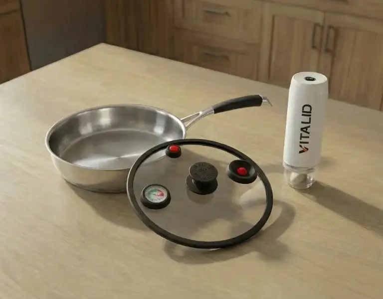 poêle, couvercle et pompe sur un plan de travail d'une cuisine une série d'ustensile pour une cuisson basse température sous dépression