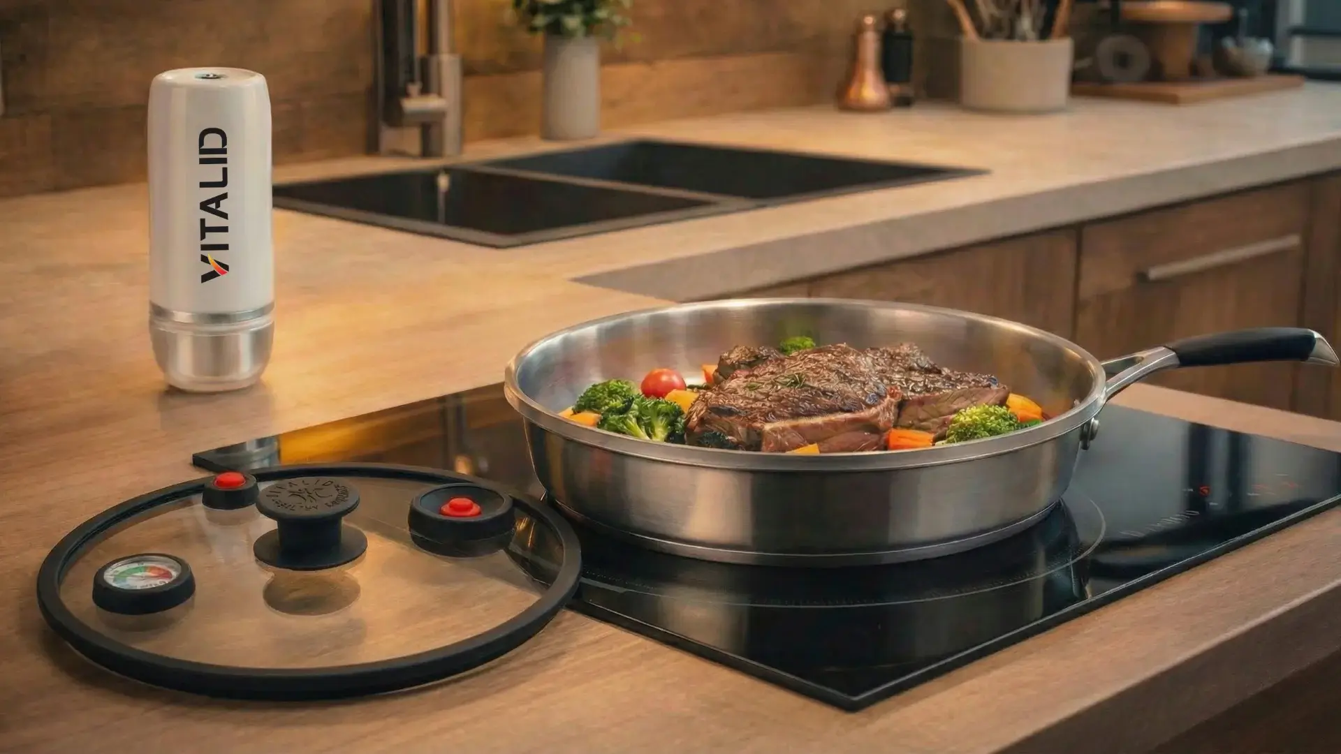 poêle, couvercle et pompe constituant la methode de cuisson basse température sous dépression